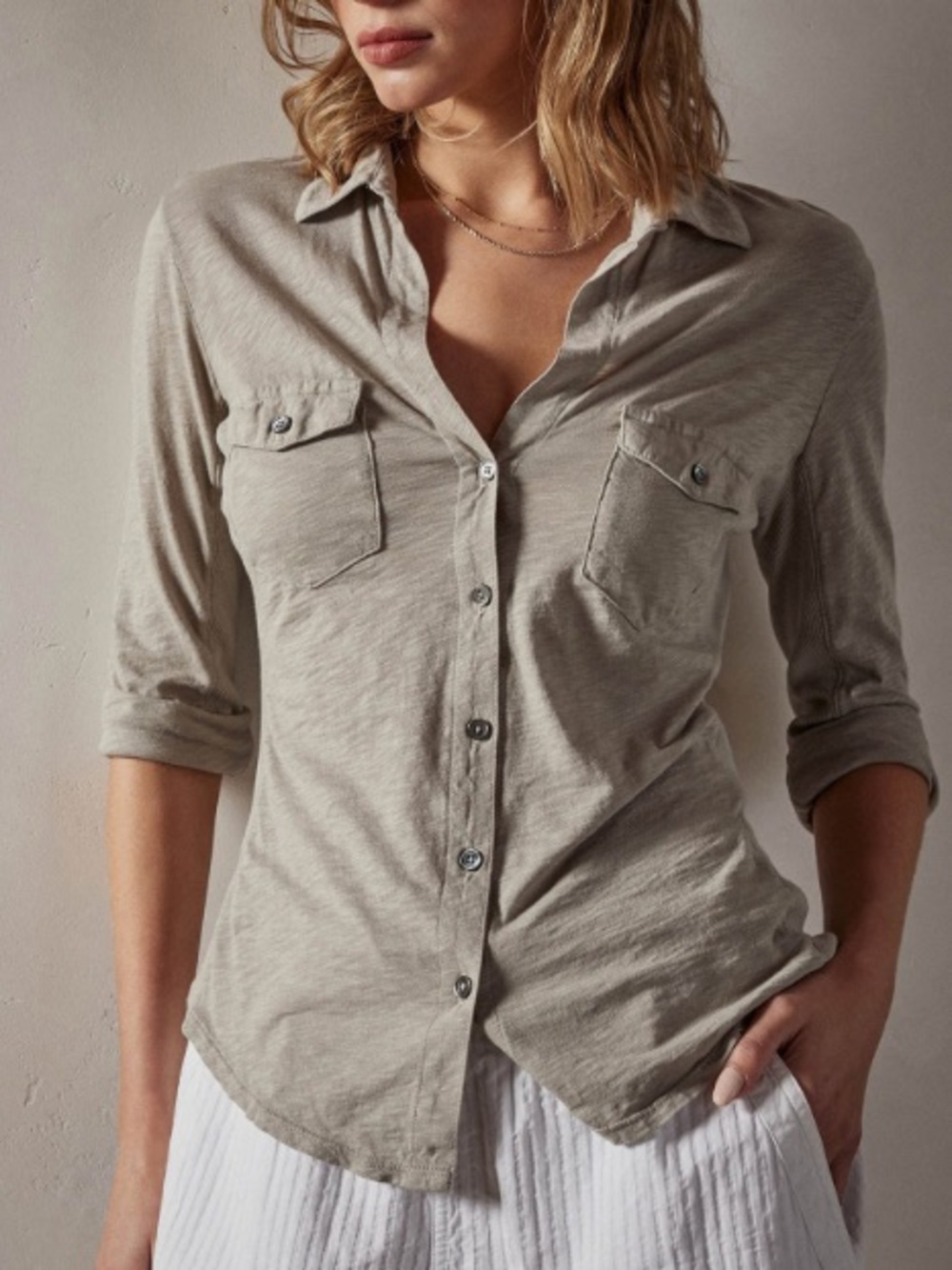 James Perse Contrast Panel Shirt - Ribbed Cotton Button-Down Gray size 0